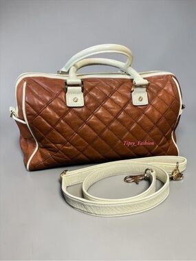 Tory Burch Robinson Middy Quilted Satchel Bowling Bag Brown Cream